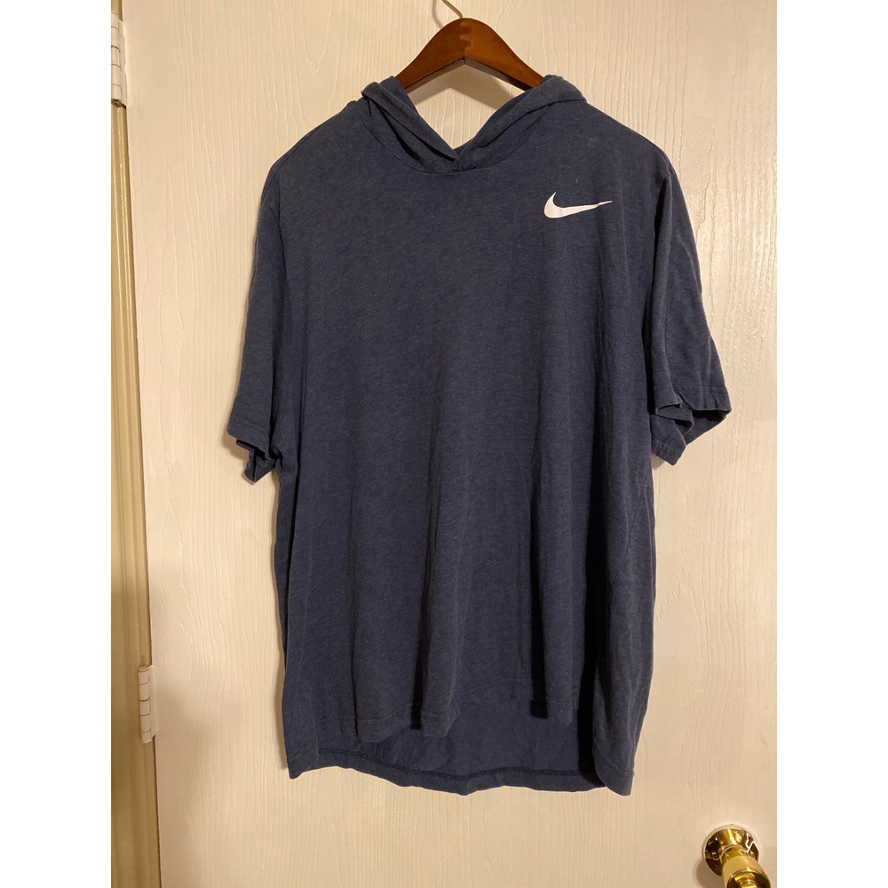 Nike Mens Short Sleeve Hoodie Navy Blue Heathered Swoosh Logo Tee L 0695